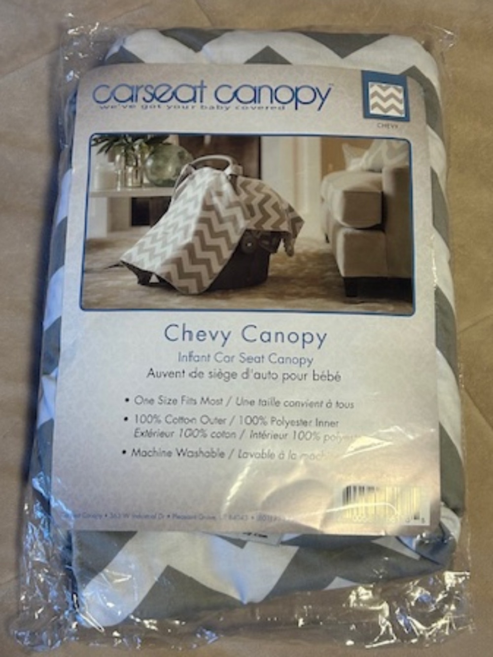 Carseat Canopy, grey and white Chevy Infant carseat canopy, New in bag